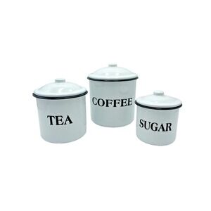 Farmhouse Coffee Tea Sugar White Black Enamelware Canister Set‎ Metal Cottage